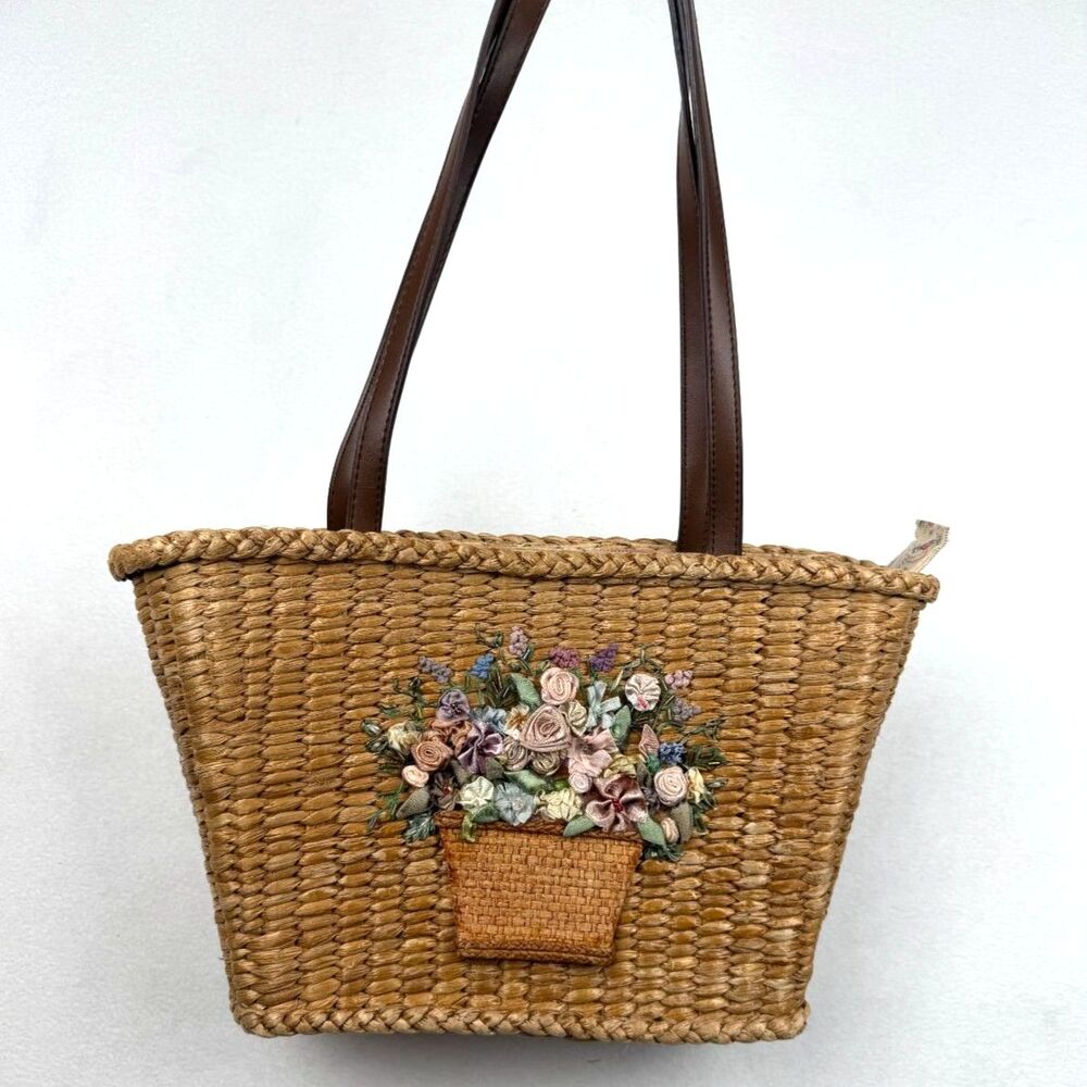 Vintage Cappelli Straworld 3D Ribbon Flower Basket Straw Tote Bag Cottagecore